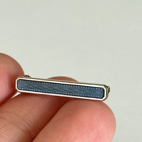 Antique 14K Yellow Gold Blue Guilloche Enamel Detail Small Petite Bar Brooch Pin - Picture 12 of 13